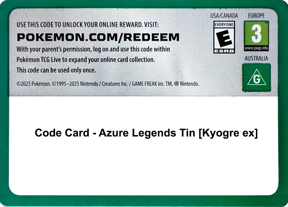 Code Card - Azure Legends Tin [Kyogre ex]