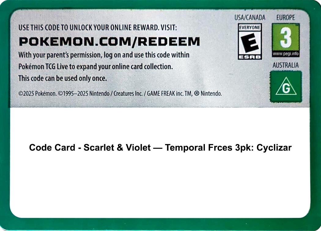 Code Card - Scarlet & Violet Temporal Forces 3 Pack Blister [Cyclizar]