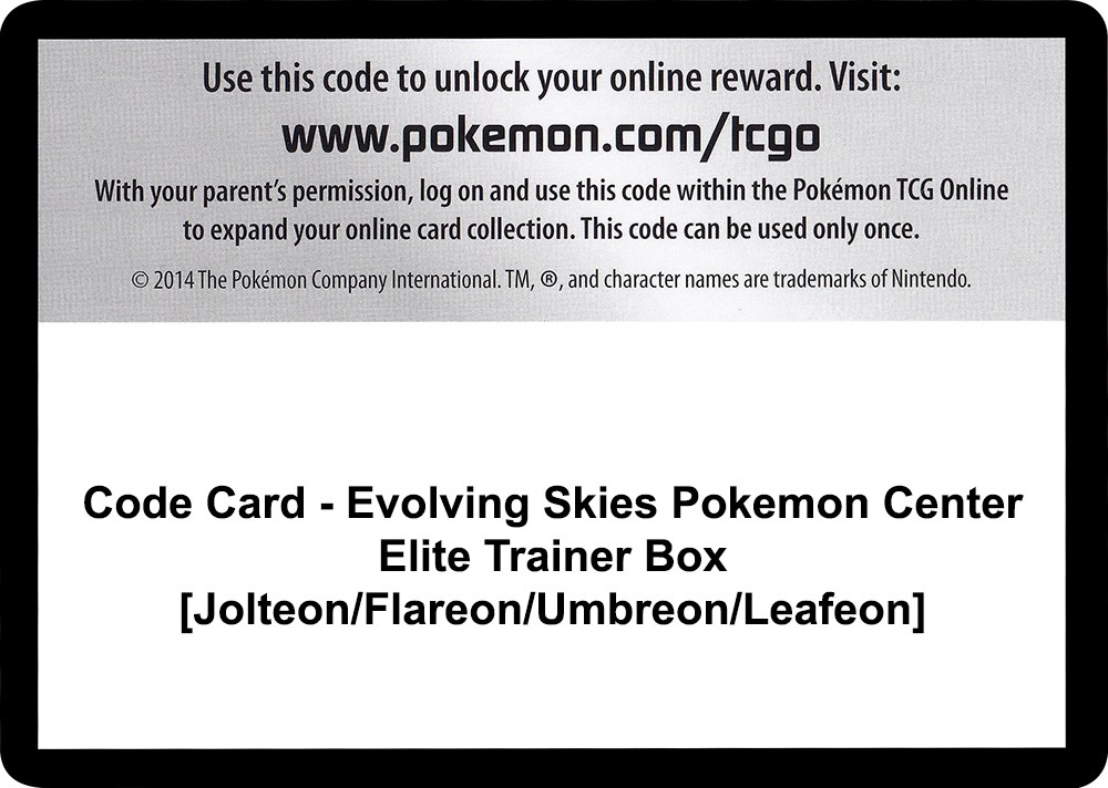 Code Card - Evolving Skies Pokemon Center Elite Trainer Box [Jolteon/Flareon/Umbreon/Leafeon]