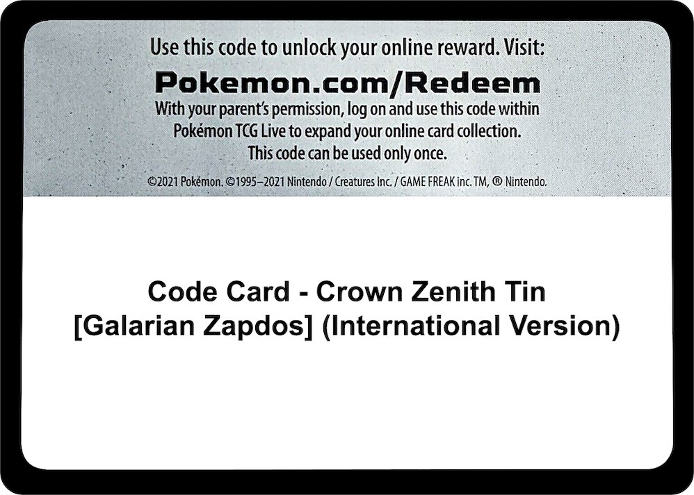 Code Card - Crown Zenith Tin [Galarian Zapdos] (International Version)